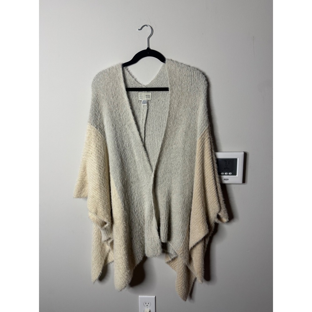 Saturday Sunday Beige Gray Fuzzy Knit Open Front Poncho Wrap Cardigan Sweater